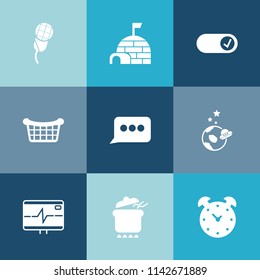 Modern, simple vector icon set on colorful blue backgrounds with snow, arctic, meal, dinner, hour, house, market, studio, shelter, spaceship, sign, heart, exploration, nature, speech, winter,  icons