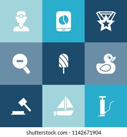 Modern, simple vector icon set on colorful blue backgrounds with diagram, sign, medical, dentist, business, dentistry, dessert, food, health, web, transportation, ship, toy, pump, law, justice icons