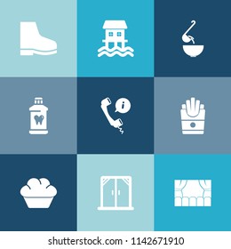 Modern, simple vector icon set on colorful blue backgrounds with center, snack, modern, fashion, health, houseboat, fast, toothbrush, vegetable, headset, french, transport, dessert, soup, spoon icons