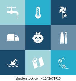 Modern, simple vector icon set on colorful blue backgrounds with life, celsius, nature, delivery, faucet, metal, service, phone, sign, cold, floral, lifebuoy, plumbing, health, sad, toothpaste icons