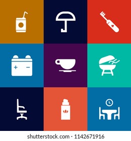 Modern, simple vector icon set on colorful flat backgrounds with umbrella, full, armchair, coffee, cooking, barbecue, protection, beauty, cup, table, drink, battery, interior, care, bottle, cafe icons