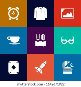 Modern, simple vector icon set on colorful flat backgrounds with drink, game, picture, food, photography, paper, blank, image, restaurant, jacket, frame, cappuccino, cup, sunglasses, white, bell icons