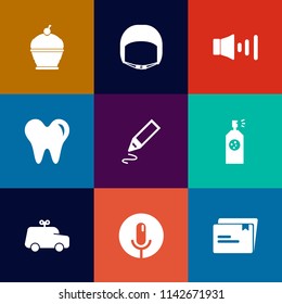 Modern, simple vector icon set on colorful flat backgrounds with dental, pen, record, voice, bakery, microphone, paper, pie, button, speaker, worker, dentist, work, file, child, delicious, play icons