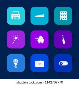 Modern, simple vector icon set on colorful long shadow backgrounds with switch, office, machine, computer, dental, printer, sign, deactivate, lamp, map, light, emergency, architecture, energy icons.