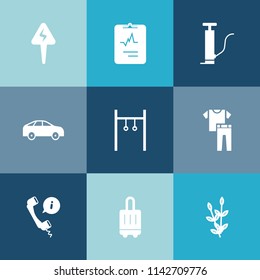 Modern, simple vector icon set on colorful blue backgrounds with power, left, travel, plant, pulse, clothes, exercise, oil, cardiology, arrow, heart, harvest, gasoline, center, station, medicine icons