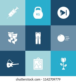 Modern, simple vector icon set on colorful blue backgrounds with guitar, pants, bowling, fun, heavy, kilogram, blossom, sign, internet, petal, summer, dental, musical, care, clothing, white, pin icons