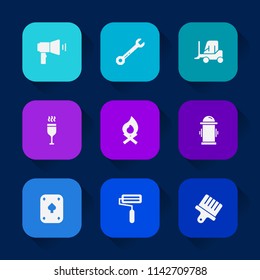 Modern, simple vector icon set on colorful long shadow backgrounds with roll, play, paint, flame, drink, bonfire, brush, game, repair, car, transport, glass, wrench, truck, hammer, fire, water icons.
