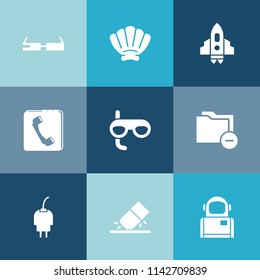 Modern, simple vector icon set on colorful blue backgrounds with object, scuba, folder, cable, spaceship, internet, glasses, education, smart, shell, science, technology, eraser, document, file icons