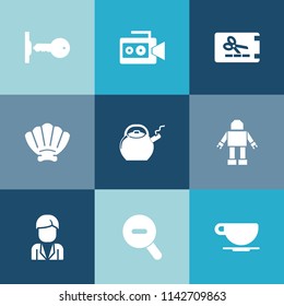 Modern, simple vector icon set on colorful blue backgrounds with video, media, handle, technology, boy, security, key, coupon, price, man, sea, cup, seashell, camcorder, template, shell, unlock icons