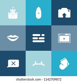 Modern, simple vector icon set on colorful blue backgrounds with beach, beauty, summer, healthy, socks, nutrition, business, white, clothes, template, sand, internet, lips, concept, plastic, toy icons
