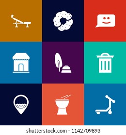 Modern, simple vector icon set on colorful flat backgrounds with chocolate, trash, store, cupcake, percussion, transport, vehicle, exercise, happy, musical, chat, cookie, pen, ink, fitness, sale icons