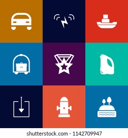 Modern, simple vector icon set on colorful flat backgrounds with tourism, ecology, safety, travel, marine, environment, doughnut, automobile, boat, sea, car, wind, web, hotel, food, vessel, cake icons