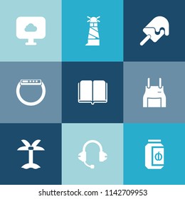 Modern, simple vector icon set on colorful blue backgrounds with literature, book, leaf, uniform, sea, textbook, cream, food, web, internet, music, chef, cook, watch, summer, house, sound, jar icons