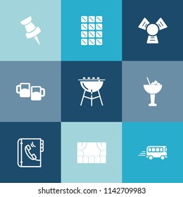 Modern, simple vector icon set on colorful blue backgrounds with road, brown, pub, theater, transport, location, dessert, foam, beer, marker, mug, equipment, bbq, sign, map, snack, cold, sweet icons