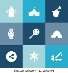 Modern, simple vector icon set on colorful blue backgrounds with healthy, gadget, tower, sandbox, media, leaf, tent, car, camp, nutrition, kid, pan, accident, palm, summer, white, smart, plastic icons