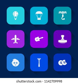 Modern, simple vector icon set on colorful long shadow backgrounds with cookie, cute, sweet, airplane, aircraft, razor, parachuting, kid, extreme, musical, snack, parachute, air, transportation icons.