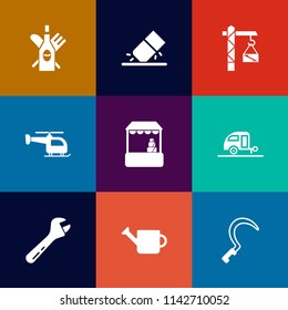 Modern, simple vector icon set on colorful flat backgrounds with garden, wineglass, transport, vacation, wrench, sickle, saw, wine, beverage, store, tool, equipment, winery, helicopter, plant icons