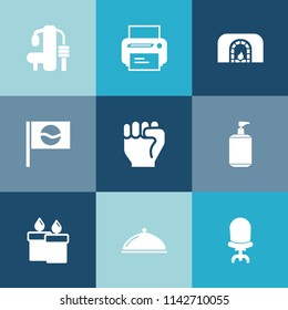 Modern, simple vector icon set on colorful blue backgrounds with candle, concept, armchair, flame, object, human, weight, decoration, home, fireplace, computer, asia, printer, christmas, gym icons