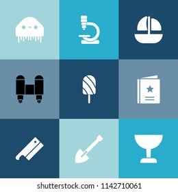 Modern, simple vector icon set on colorful blue backgrounds with food, science, shipping, space, favour, alien, favorite, sign, rocket, marine, construction, creature, vessel, glass, search, ufo icons