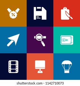 Modern, simple vector icon set on colorful flat backgrounds with tool, diskette, computer, pc, mouse, equipment, arrow, sale, restaurant, floppy, tag, knife, video, printer, shop, film, cursor icons
