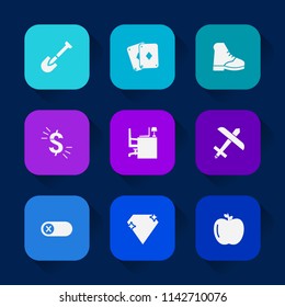 Modern, simple vector icon set on colorful long shadow backgrounds with deactivate, construction, off, tool, office, diamond, poker, casino, usd, dollar, gambling, jewel, aircraft, sign, energy icons.