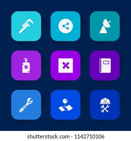 Modern, simple vector icon set on colorful long shadow backgrounds with antenna, equipment, child, pointer, service, fun, web, home, location, builder, notebook, technology, hammer, spanner icons.