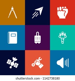 Modern, simple vector icon set on colorful flat backgrounds with music, satellite, human, people, sign, engineering, page, drawing, builder, glass, sound, divider, geometry, foreman, instrument icons