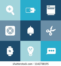 Modern, simple vector icon set on colorful blue backgrounds with gadget, cooking, domestic, load, message, half, burner, watch, ventilator, cooling, stove, smart, ring, battery, alarm, electric icons