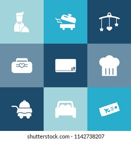 Modern, simple vector icon set on colorful blue backgrounds with restaurant, chief, child, bag, newborn, plane, background, crib, childhood, ticket, cute, heater, plate, room, waiter, bedroom icons