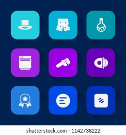 Modern, simple vector icon set on colorful long shadow backgrounds with fashion, cooking, sport, lab, menu, object, gas, mobile, cap, sign, tool, shorts, short, stamp, hat, white, award, mail icons.