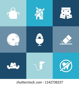 Modern, simple vector icon set on colorful blue backgrounds with template, dentist, environment, chef, white, energy, wear, shorts, turbine, mill, electricity, pinafore, cook, clinic, restaurant icons