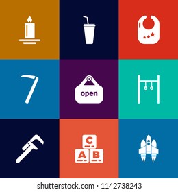 Modern, simple vector icon set on colorful flat backgrounds with child, technology, childhood, athlete, glass, candle, fire, water, reparation, cold, space, business, infant, equipment, spanner icons