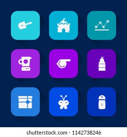 Modern, simple vector icon set on colorful long shadow backgrounds with tower, box, string, whistle, referee, present, medieval, gift, mixer, architecture, paint, sound, building, sport, graph icons.