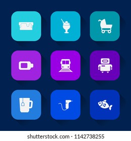 Modern, simple vector icon set on colorful long shadow backgrounds with cup, buggy, vanilla, summer, carriage, white, stroller, bakery, cream, cone, drill, sweet, transportation, technology icons.