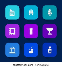 Modern, simple vector icon set on colorful long shadow backgrounds with stove, rocket, bank, space, clothing, search, craft, fashion, oven, border, technology, mouse, home, shuttle, bakery icons.