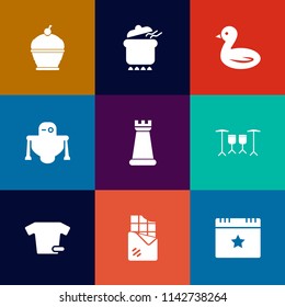 Modern, simple vector icon set on colorful flat backgrounds with pastry, sugar, chocolate, bakery, nature, technology, food, meal, king, wildlife, meat, dessert, shirt, cyborg, chess, clothing icons