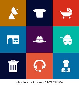 Modern, simple vector icon set on colorful flat backgrounds with hotel, box, clothes, room, recycle, radio, bed, office, baby, music, equipment, child, garbage, hat, signal, audio, sheriff, man icons