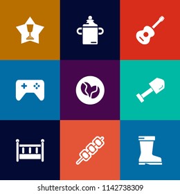 Modern, simple vector icon set on colorful flat backgrounds with healthy, competition, musical, caffeine, achievement, child, music, place, baby, cradle, bottle, win, tool, grilled, food, kid icons