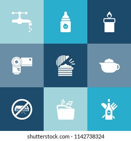 Modern, simple vector icon set on colorful blue backgrounds with photo, clean, air, camera, conditioner, wash, chef, sink, childhood, teapot, food, breakfast, bottle, red, music, glass, faucet icons