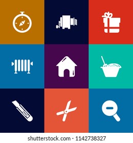 Modern, simple vector icon set on colorful flat backgrounds with boiler, estate, gardening, food, home, bow, electric, building, holiday, web, pasta, chinese, ribbon, garden, heat, pruning, box icons