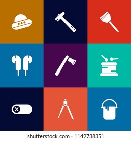 Modern, simple vector icon set on colorful flat backgrounds with vehicle, off, hammer, construction, wrench, interior, divider, tool, deactivate, restaurant, ufo, energy, technology, food, axe icons