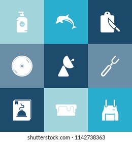 Modern, simple vector icon set on colorful blue backgrounds with sweet, cd, dinner, dvd, restaurant, knife, fun, animal, menu, radio, wildlife, cute, soap, water, spoon, kid, fork, pie, wild icons