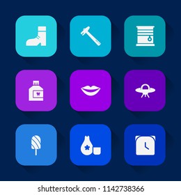 Modern, simple vector icon set on colorful long shadow backgrounds with leather, spaceship, repair, ufo, teeth, hour, watch, window, tool, girl, hammer, interior, care, sake, style, cuisine icons.