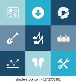 Modern, simple vector icon set on colorful blue backgrounds with doughnut, home, laboratory, fashion, gas, head, hot, tool, sweet, hammer, shovel, cook, high, cookie, spanner, data, food, chart icons