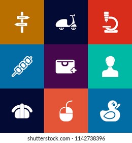 Modern, simple vector icon set on colorful flat backgrounds with lifestyle, cycle, summer, seafood, street, business, grilled, sign, direction, toy, user, food, computer, road, kebab, science icons