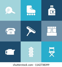 Modern, simple vector icon set on colorful blue backgrounds with care, boot, pot, light, water, phone, cooking, top, market, retro, supermarket, shoe, paint, mouth, grocery, green, traffic, food icons