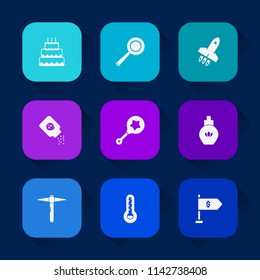 Modern, simple vector icon set on colorful long shadow backgrounds with fashion, child, hammer, aroma, sweet, pie, dinner, rattle, baby, thermometer, powder, pan, location, toy, container, skin icons.