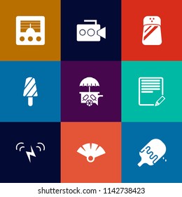 Modern, simple vector icon set on colorful flat backgrounds with kitchen, equipment, fruit, ecology, media, traditional, summer, communication, cream, text, camera, japanese, video, fan, sun icons