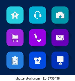 Modern, simple vector icon set on colorful long shadow backgrounds with speaker, sale, market, add, cart, cooking, microphone, laptop, trolley, competition, baby, food, retail, win, camera, pc icons.