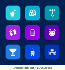 Modern, simple vector icon set on colorful long shadow backgrounds with fishing, map, cocktail, play, airport, communication, playground, office, desk, metal, outdoor, gps, location, childhood icons.